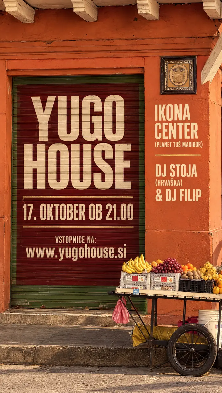Plakat Yugo House na bordo steni: 17. oktober ob 21.00, Ikona center Maribor
